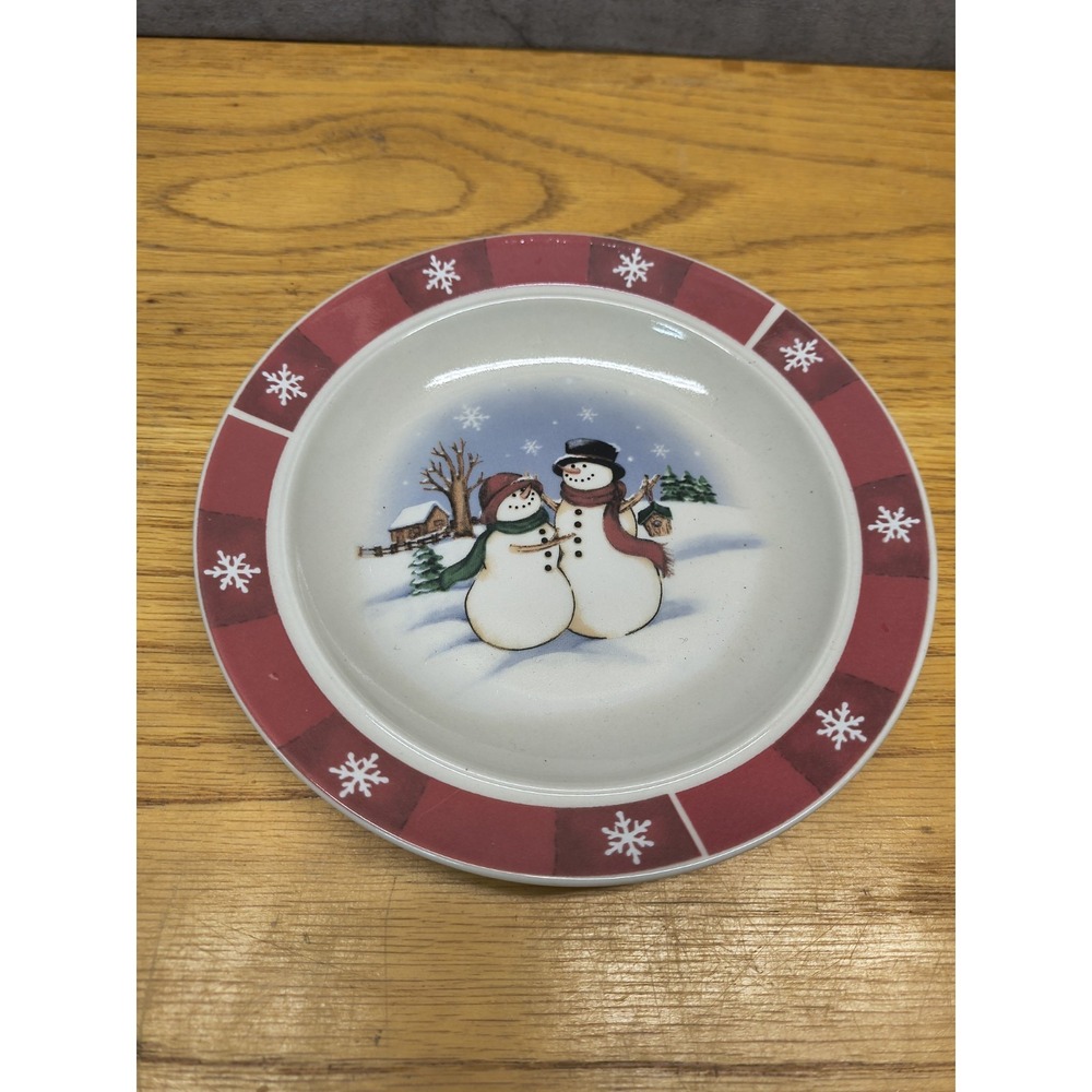Snowman Christmas Decorative Collector Plate Snowflake Red Trim